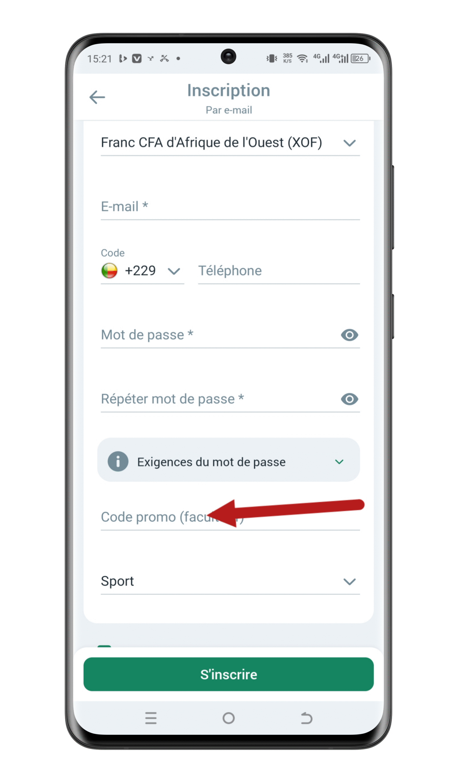 Saisir le code promo à l'inscription Betwinner