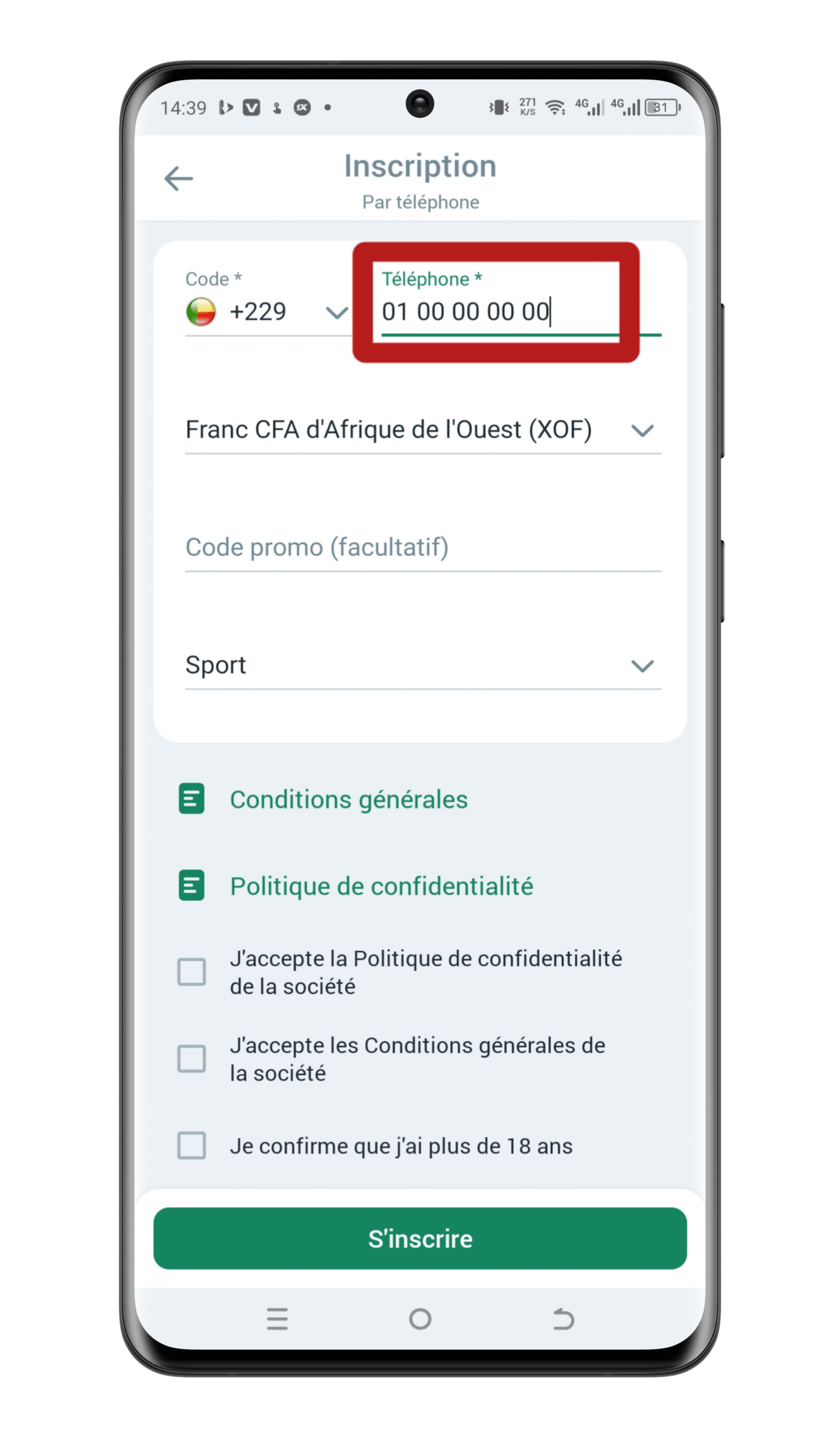 Choisissez l’indicatif de votre pays et entrez votre numéro de téléphone