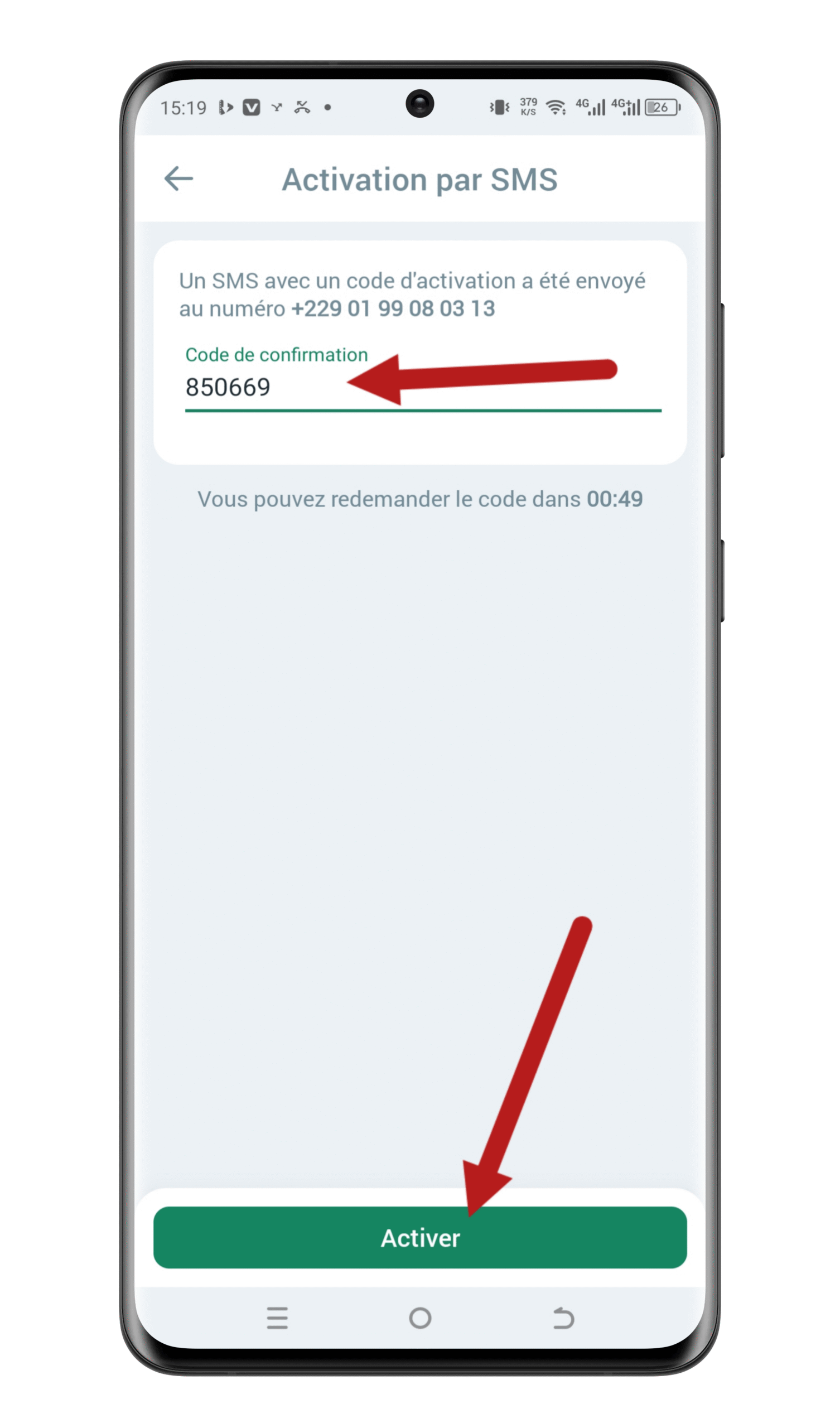 Saisissez le code reçu
