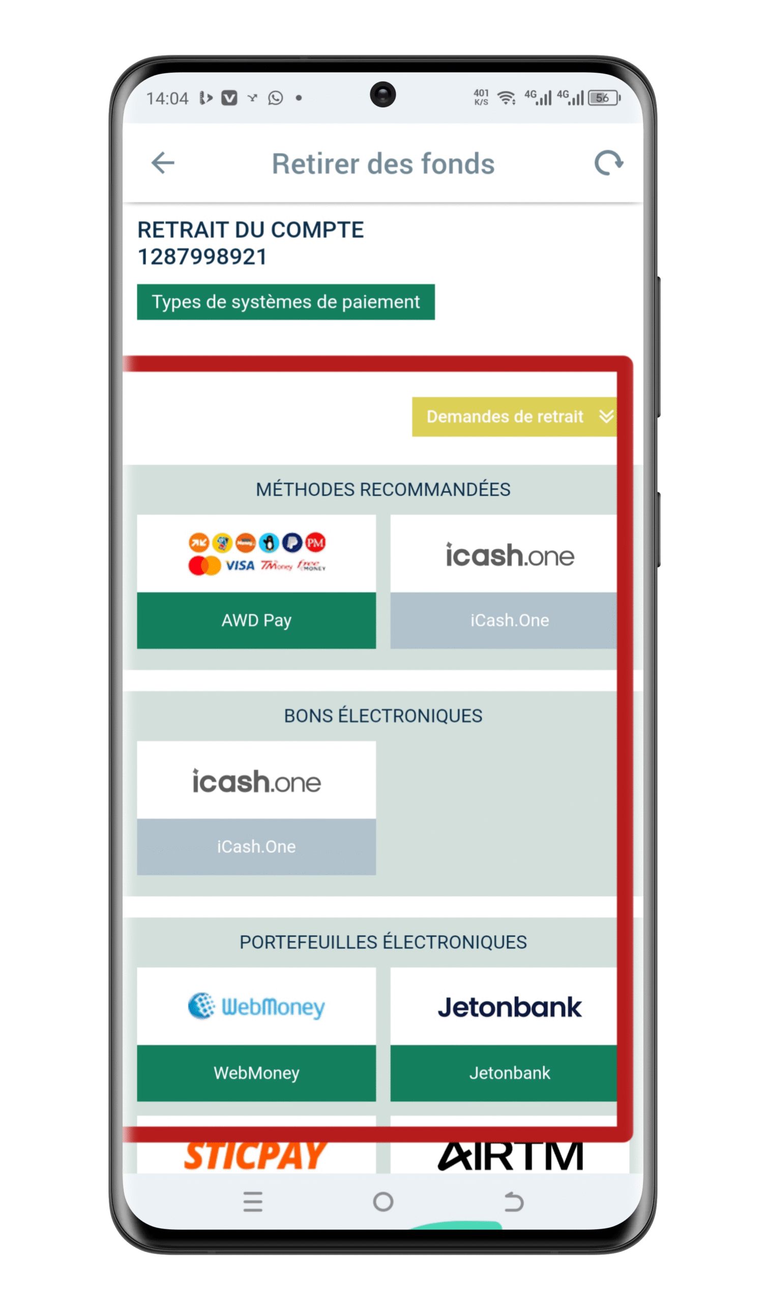 Sélectionnez la méthode de retrait disponible dans votre région
